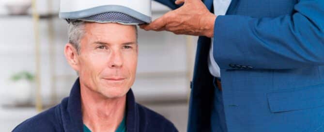 Clinician positioning a BrainsWay device on a patient’s head during a session, demonstrating how TMS therapy for depression is administered