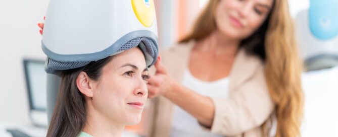 Clinician adjusting a BrainsWay helmet during a session with a patient, illustrating how TMS therapy for OCD is administered