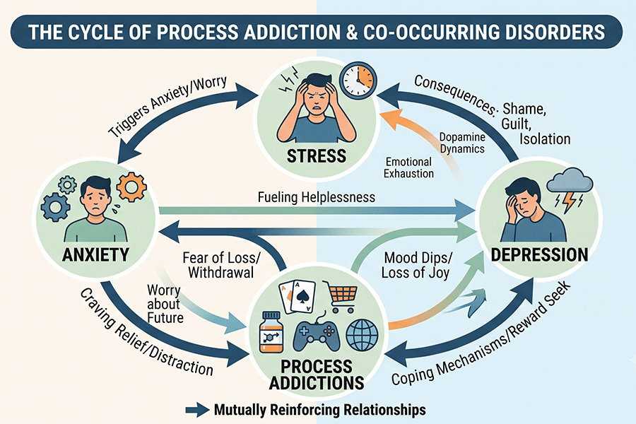 Infographic detailing how anxiety, depression, and trauma overlap with behavioral process addictions in a whole-person health model. Infographic detailing how anxiety, depression, and trauma overlap with behavioral process addictions in a whole-person health model.