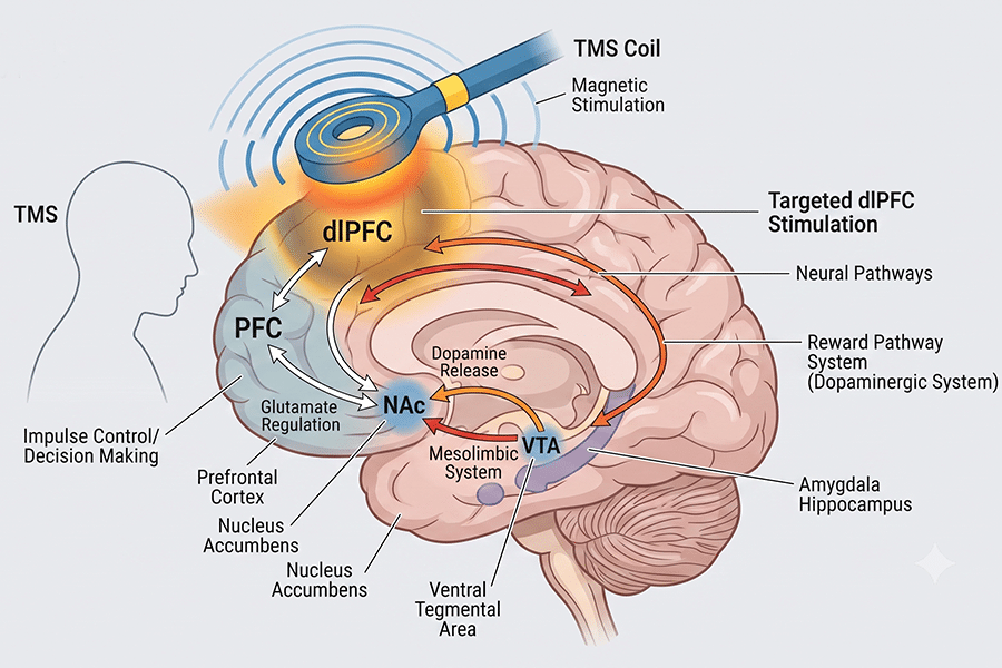 Medical diagram illustrating transcranial magnetic stimulation pulses targeting the prefrontal cortex to support impulse control. Medical diagram illustrating transcranial magnetic stimulation pulses targeting the prefrontal cortex to support impulse control.